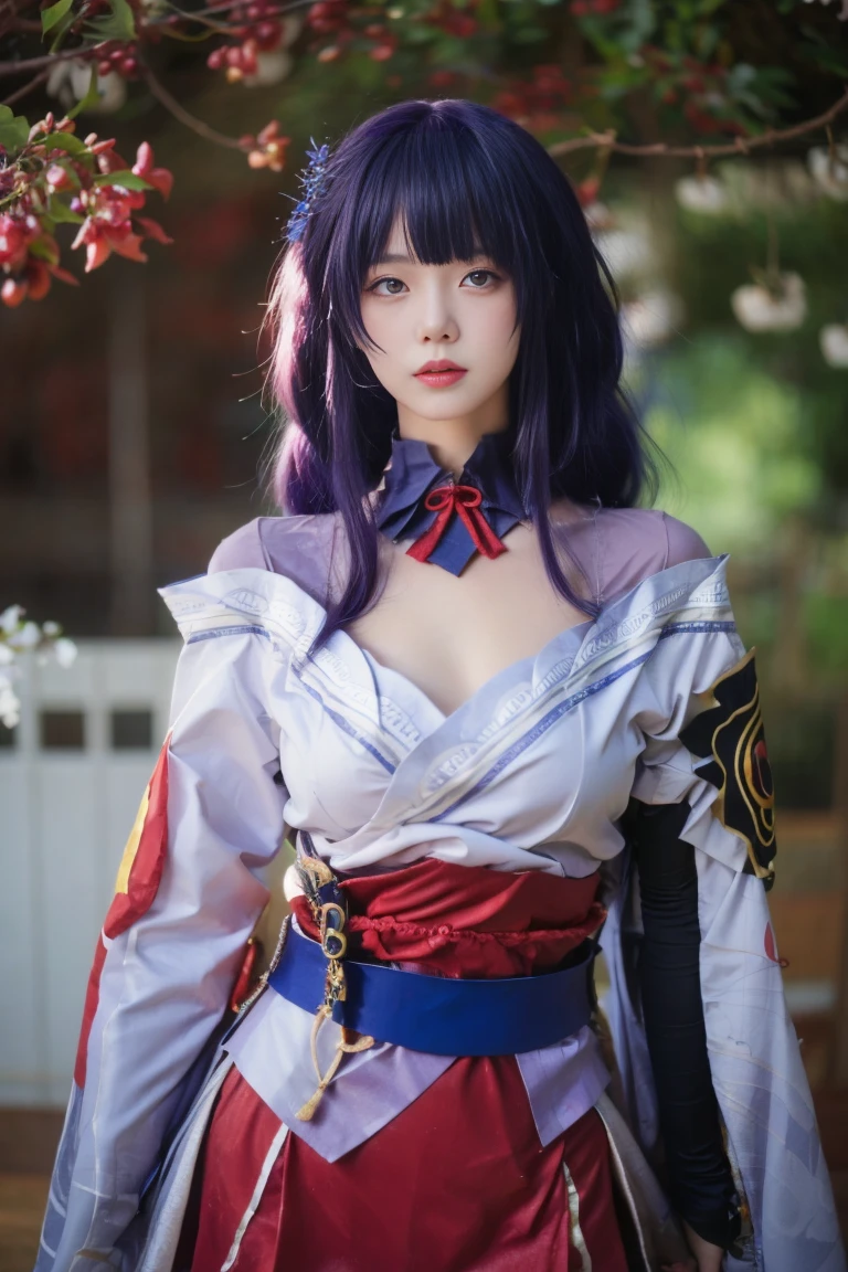 Raiden General Fine clothes White clothes Blunt bangs Braided (mid-chest: 1.4) cleavage Wide sleeve kimono Hair accessories Day clothes (red belt: 1.4) (light purple hair: 1.4) Very long hair, straight hair, delicate face, cold face, (smooth chin: 0.85), looking at the audience, beautiful eyes, detailed eyes, skirt, (sunset: 1.4), from the side, (cherry tree: 1.5), photon mapping, physically based rendering, RAW photos, highly detailed background, (Real photo: 1.35), high resolution, perspective, front, (ulzzang-6500: 0.4),(((close-up to face))),bright lighting, front lighting, face shooting