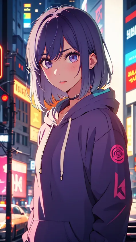 man wearing a hoodie purple eyes white hair short hair cold stare ,cyberpunk neon detailed face