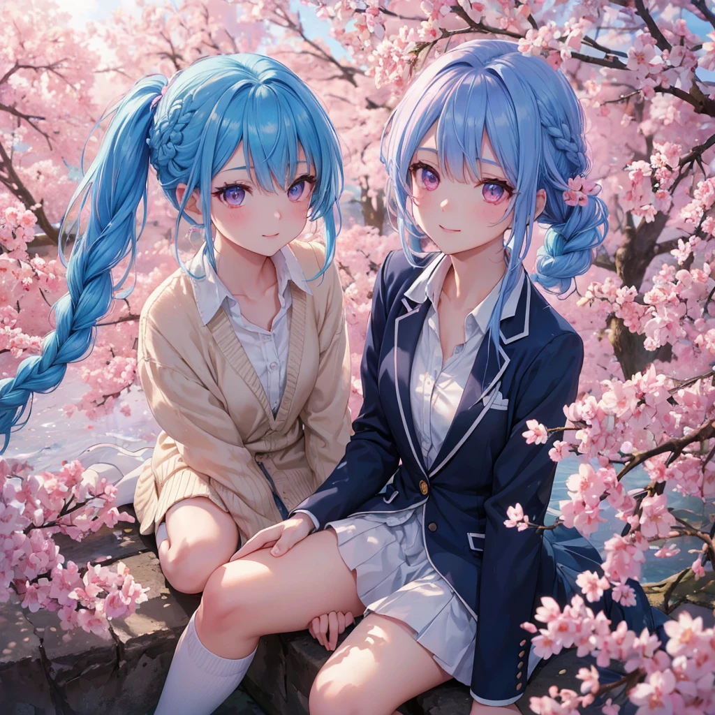 Sky blue hair, (Braided Ponytail),(Pink Eyes),Fair skin ,whole body,(1 Girl),Smile,spring, cherry blossoms, Knee-high socks for school, blazer, Straight bangs,(masterpiece, Highest quality, Super detailed, Best Shadow), (Detailed Background), (Beautifully detailed face), High Contrast, (Best lighting, Very delicate and beautiful), ((Cinematic Light)), colorful, Hyper Detail, Dramatic Light, Intricate details,sunshine,Leaning forward,