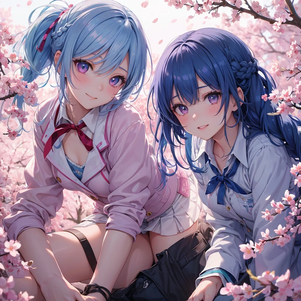 Sky blue hair, (Braided Ponytail),(Pink Eyes),Fair skin ,whole body,(1 Girl),Smile,spring, cherry blossoms, Knee-high socks for school, blazer, Straight bangs,(masterpiece, Highest quality, Super detailed, Best Shadow), (Detailed Background), (Beautifully detailed face), High Contrast, (Best lighting, Very delicate and beautiful), ((Cinematic Light)), colorful, Hyper Detail, Dramatic Light, Intricate details,sunshine,Leaning forward,