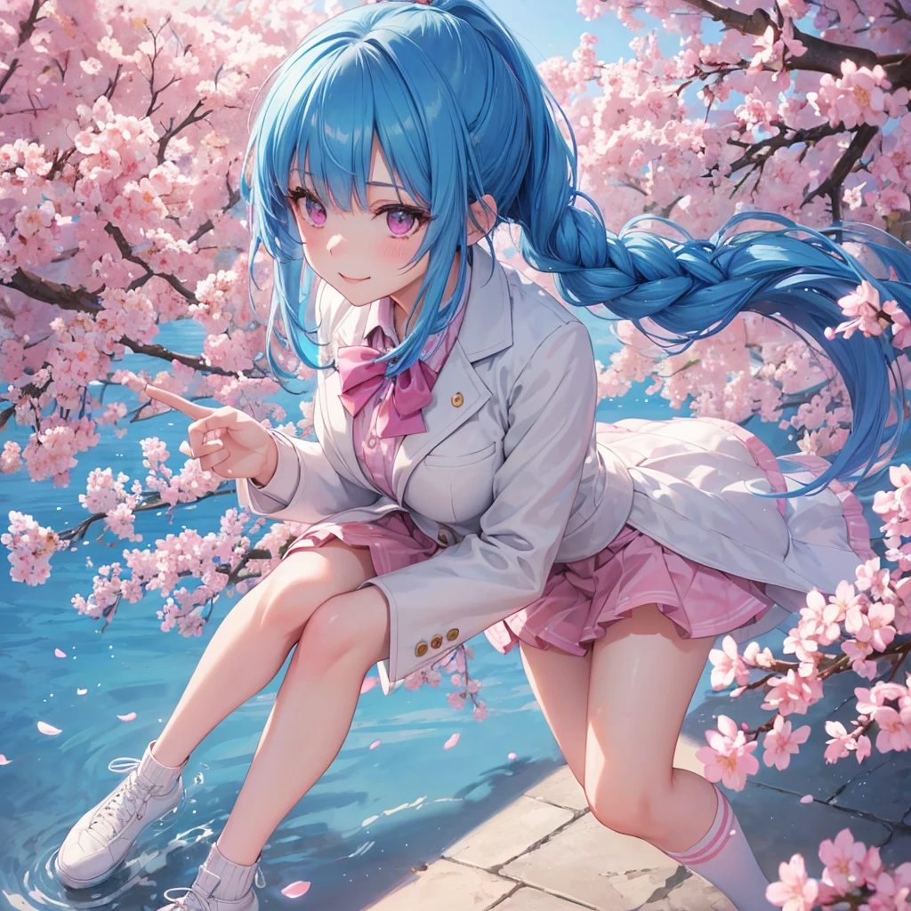 Sky blue hair, (Braided Ponytail),(Pink Eyes),Fair skin ,whole body,(1 Girl),Smile,spring, cherry blossoms, Knee-high socks for school, blazer, Straight bangs,(masterpiece, Highest quality, Super detailed, Best Shadow), (Detailed Background), (Beautifully detailed face), High Contrast, (Best lighting, Very delicate and beautiful), ((Cinematic Light)), colorful, Hyper Detail, Dramatic Light, Intricate details,sunshine,Leaning forward,