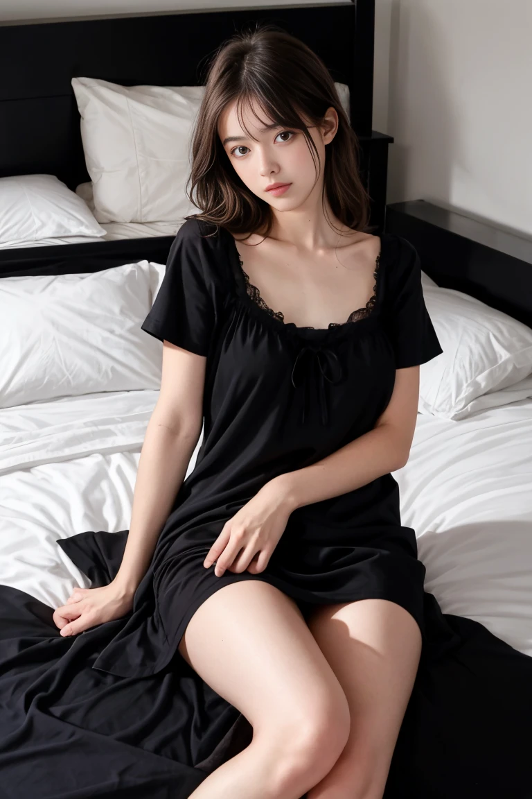 deux femmes ensemble de 18 ans sexy et mince , black short sleeve nightdress, sur un lit, se touche,position sey,sensuel,doggystyle,