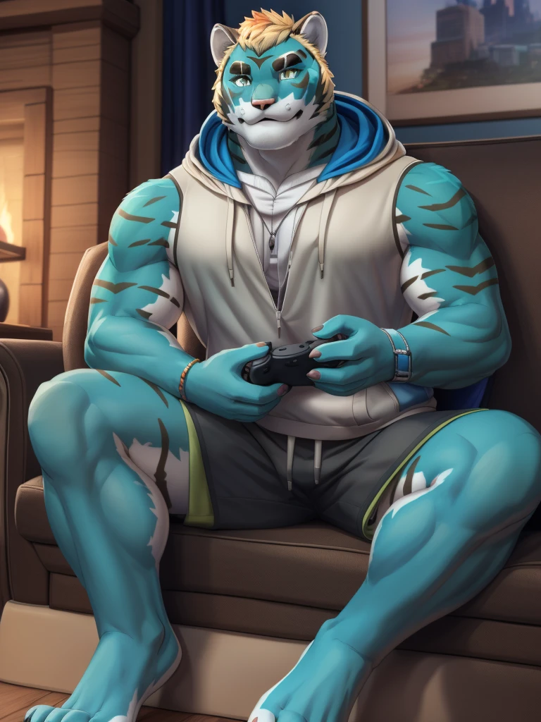 rexer, green eyes, (posing:1.3), (soft shading), 4k, hi res, ((detailed face, detailed)), by zackarry911, by zaush, (by personalami:0.5), looking at viewer, smile, holding, sitting, jacket, full body, male focus, open clothes, shorts, barefoot, sleeveless, hood, hoodie, crossed legs, hood down, hooded jacket, controller, game controller, white hoodie, pectoral cleavage, sleeveless jacket, holding controller, sleeveless hoodie, holding game controller,