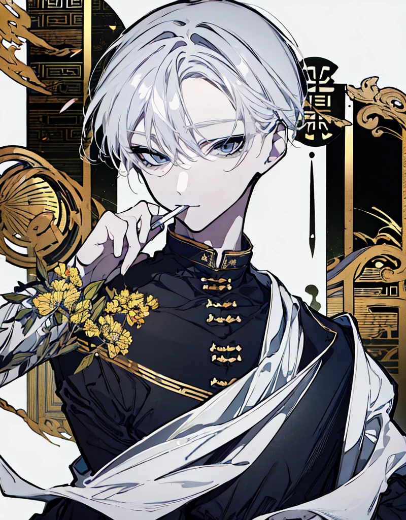 High resolution male Character portrait whole body White background Close ~ eyes Suspicious Laughter Lift the corners of your mouth tall Silver Hair Yellow Eyes Chinese style black clothes sunglasses smile Putting a cigarette in your mouth Double teeth Grinning face