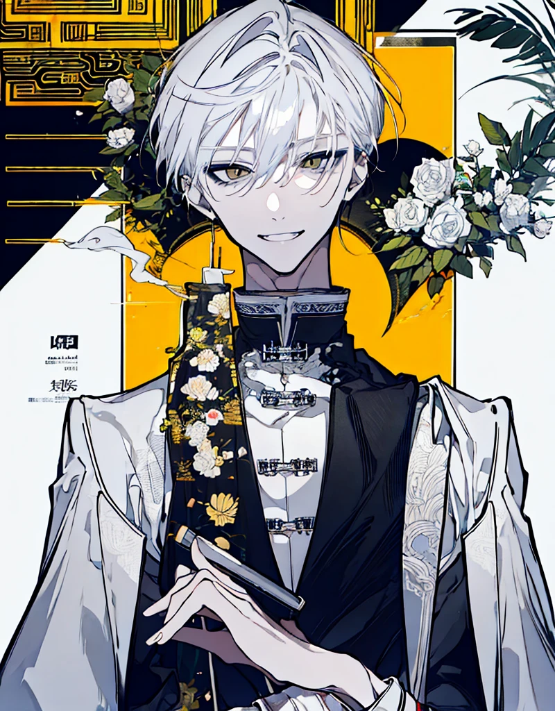 High resolution　male　Character portrait　whole body　White background　Close ~ eyes　Suspicious Laughter　Lift the corners of your mouth　tall　Silver Hair　Yellow Eyes　Chinese style black clothes　sunglasses　smile　Putting a cigarette in your mouth　Double teeth　Grinning face
