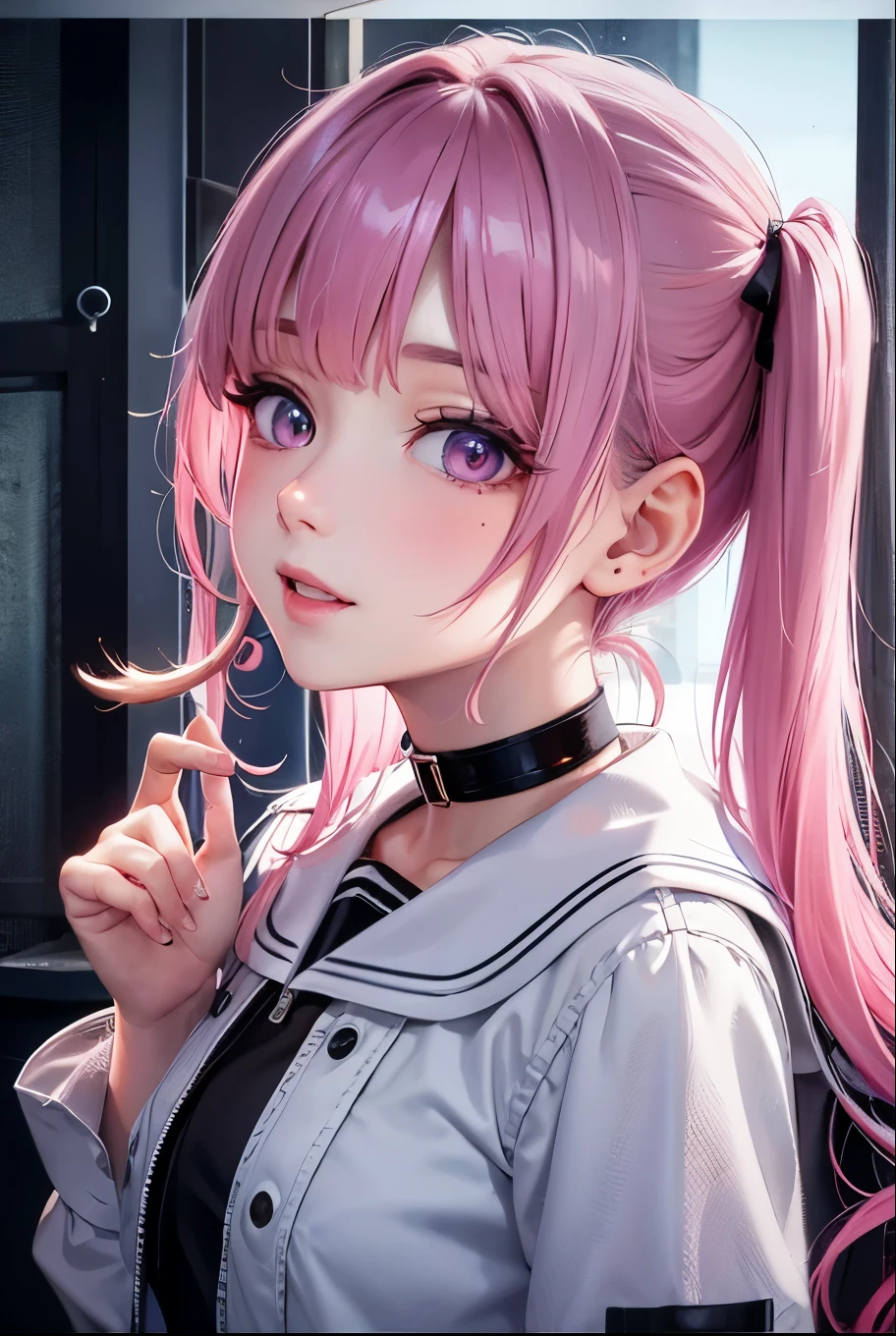 masterpiece, best quality, highly detailed, high resolution, expensive resolution, high resolution, 4k, 8k, uniform 8k wallpaper, highly detailed CG, masterpiece, 2d, 3d, beautiful details, depth, fine texture, best quality: 1.3, perfectly focused, sharp. skin, him, very cute anime girl, her name is Mei, short pigtails, idol, in the rain, expensive pink short pigtails, mole under eye, looking at the viewer, expensive, blush, mole, open lips, pink eyes, heart shaped choker, smiling face