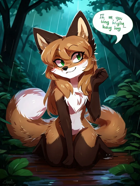 by reysi, ((deailed green eyes)), Best quality, super detailed illustration, warm colors, Ideal lighting, beautiful and detailed portrait of an anthropomorphic vixen ((female)), anthro fox girl, body fur, chest fluff, flat chest, sassy, sassy hips, sexy, cute, nice, hot, wide hips, (fur:1.5) ,smug face, disheveled thick hair, mischievous smile, slim, perfect body, speech bubble, heart, hearts, on knees, in a forest, night, rain, wet fur