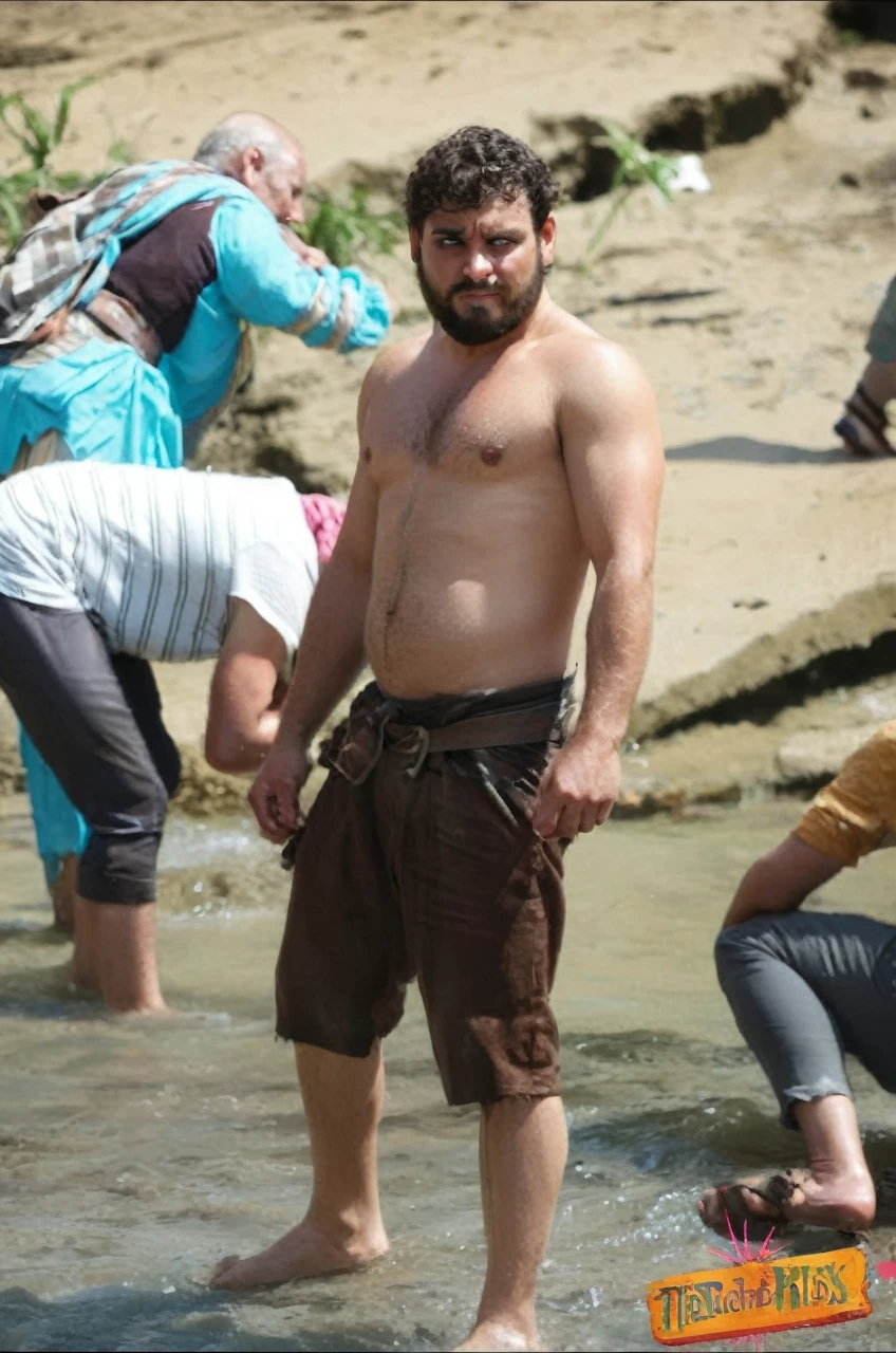 ultrahigh resolution, La mejor calidad, Cinematographer, 4k, (fotorrealista: 1.4), cinematic lighting, a beautiful 38 year old man bathing in a river, barba, brown eyes