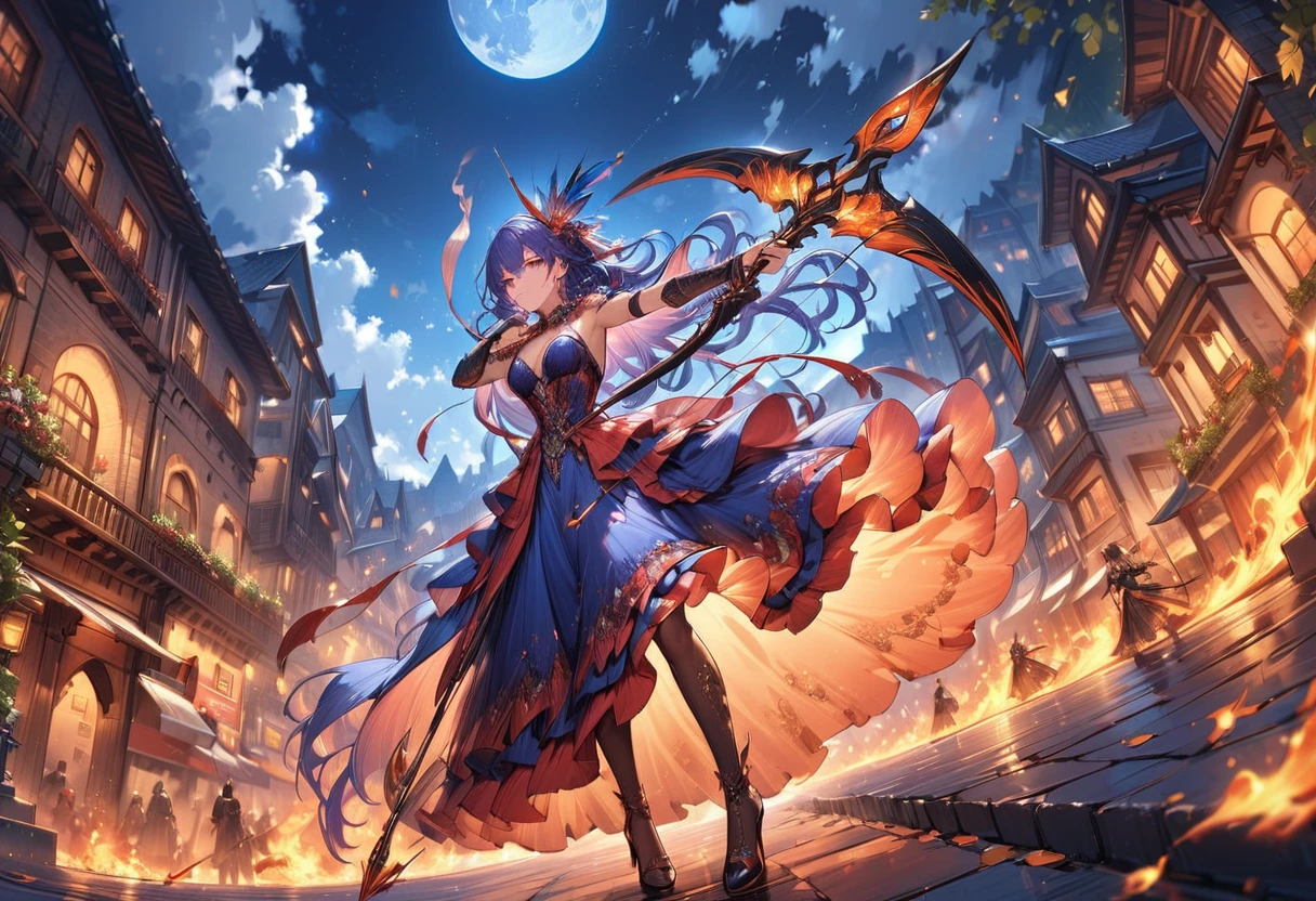a picture of fire sorceress firing a flaming arrow from a magnificent epic bow, an (elite glamour beautiful: 1.2), fire sorceress, ultra detailed face,  perfect face, blue hair, long hair, wavy hair, wearing wild glamour dress, intricate dress, purple dress , with fire patterns on it, aiming an epic bow with a flaming arrow,  dynamic bow, sting drawn to the cheek , arrow ready to be shot, dynamic bow, sting drawn to the cheek , arrow ready to be shot, it is night, moon light, starry night, cloudy night,  high details, best quality, 16k, [ultra detailed], masterpiece, best quality, (extremely detailed), dynamic angle, full body shot, fantasy urban street at night bacground,  ,faize, firing and arrow, bow (weapon)