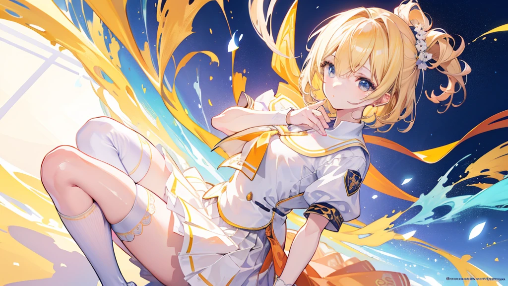 Highest quality, Anime Moe Art Style,Best Anime 8K Konachan Wallpaper,pixiv contest winners,Very detailed,High resolution,Ultra-Dense Skin, Professional Lighting,8K eye detail, (Cute illustrations:1.2),blonde,blonde hair,Expressionless,(Hair on one eye:1.5),Colorful and colorful short hair,Wearing a yellow apricot colored JK uniform and a white pleated skirt,knee-length white silk,Dignified and cute,A little sweet,Five Fingers,Firm fingers,A strong hand