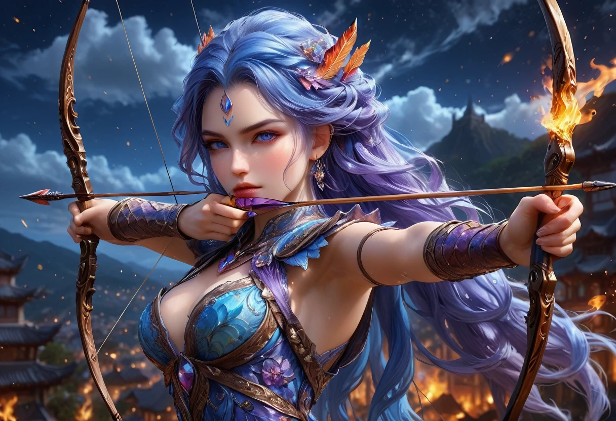 a picture of fire sorceress firing a flaming arrow from a magnificent epic bow, an (elite glamour beautiful: 1.2), fire sorceress, ultra detailed face,  perfect face, blue hair, long hair, wavy hair, wearing wild glamour dress, intricate dress, purple dress , with fire patterns on it, aiming an epic bow with a flaming arrow,  dynamic bow, sting drawn to the cheek , arrow ready to be shot, dynamic bow, sting drawn to the cheek , arrow ready to be shot, it is night, moon light, starry night, cloudy night,  high details, best quality, 16k, [ultra detailed], masterpiece, best quality, (extremely detailed), dynamic angle, full body shot, fantasy urban street at night bacground,  ,faize, firing and arrow, bow (weapon)