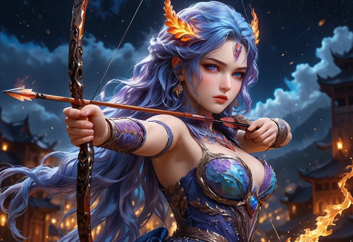 a picture of fire sorceress firing a flaming arrow from a magnificent epic bow, an (elite glamour beautiful: 1.2), fire sorceress, ultra detailed face,  perfect face, blue hair, long hair, wavy hair, wearing wild glamour dress, intricate dress, purple dress , with fire patterns on it, aiming an epic bow with a flaming arrow,  dynamic bow, sting drawn to the cheek , arrow ready to be shot, dynamic bow, sting drawn to the cheek , arrow ready to be shot, it is night, moon light, starry night, cloudy night,  high details, best quality, 16k, [ultra detailed], masterpiece, best quality, (extremely detailed), dynamic angle, full body shot, fantasy urban street at night bacground,  ,faize, firing and arrow, bow (weapon)