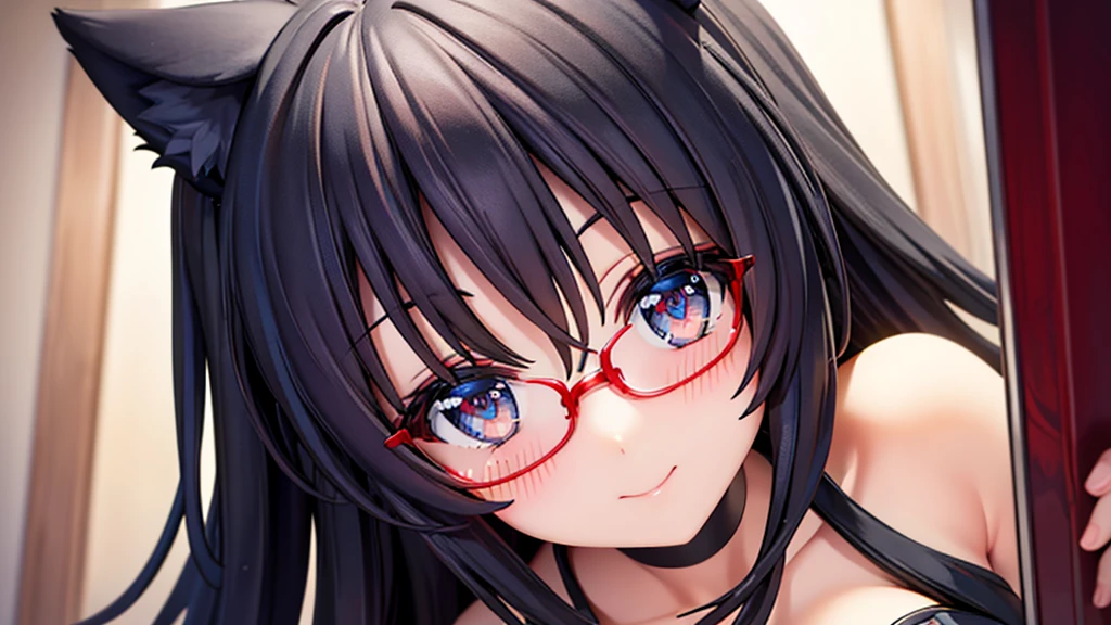 Black hair wolf ears。Blue Silk Dress。Red Glasses。Blue pupil。Smiling, looking up, blushing beautiful girl。Peeping Pose。cleavage close-up