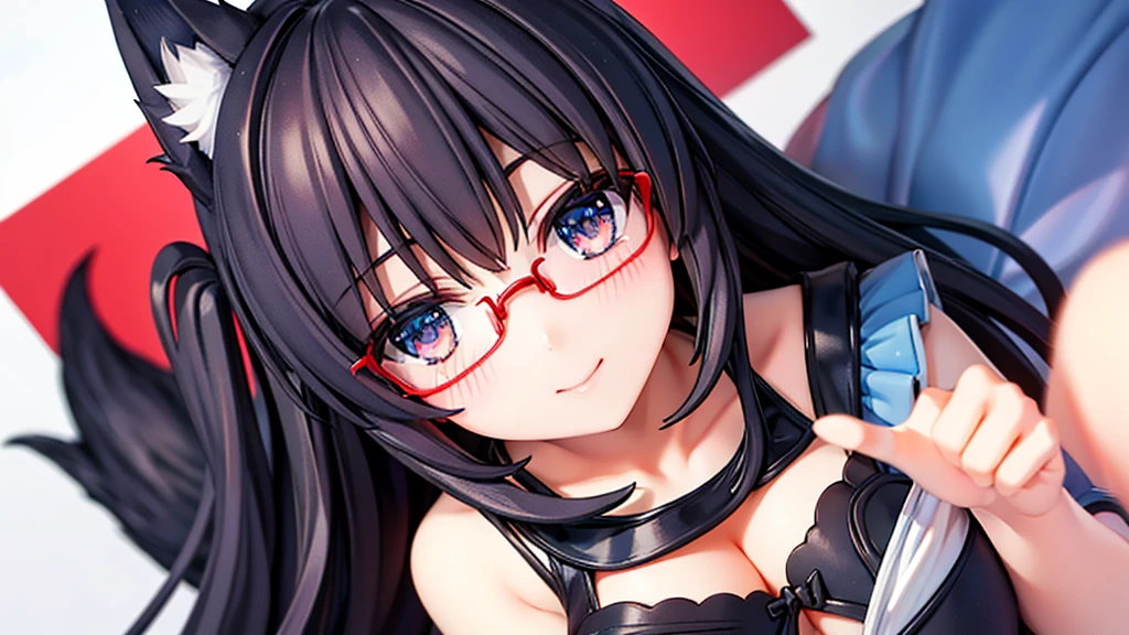 Black hair wolf ears。Blue Silk Dress。Red Glasses。Blue pupil。Smiling, looking up, blushing beautiful girl。Peeping Pose。cleavage close-up