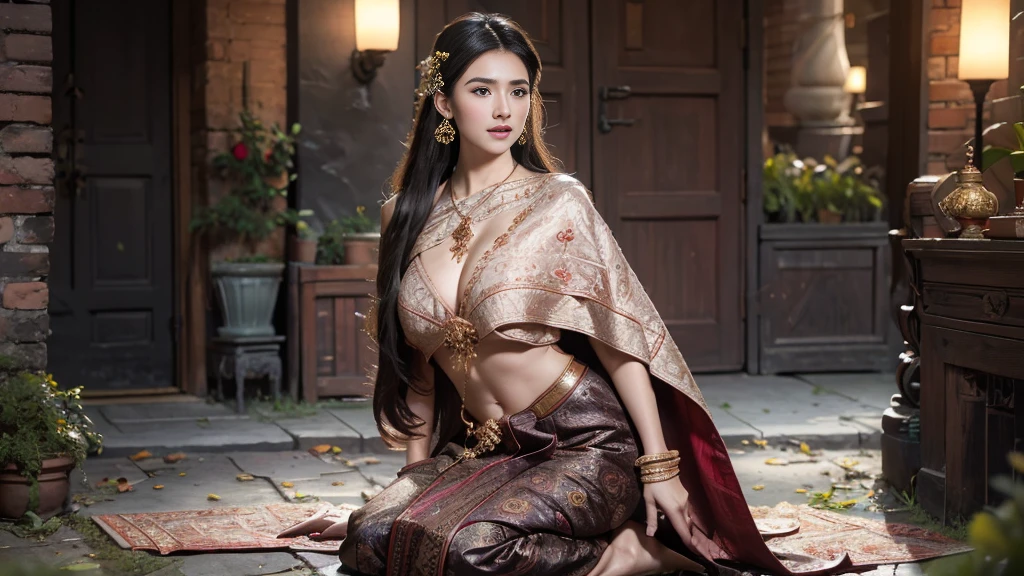 (raw photos:1.2), (realistic:1.4), (Masterpiece:1.3), (best quality:1.4), Ultra high resolution, (Detailed eyes), (Detailed facial features), (Detailed clothing features), HDR, 8k resolution, Focus only, Dressing according to Thai tradition, Traditional shawl , 1 woman , big breasts, A gigantic rift, big breastsดันเสื้อผ้า, big breast, The breasts will fully grow..., Make your breasts bigger.., small waist, Long legs, Facing the audience, full body, depth of field, Cinema-grade lighting system, big breasts, Too big for your body, Revealing a flat stomach, The lower half of the chest can be seen..., Sexy sitting posture, Pictures from eye-catching angles, Correct picture elements, The picture is complete.,