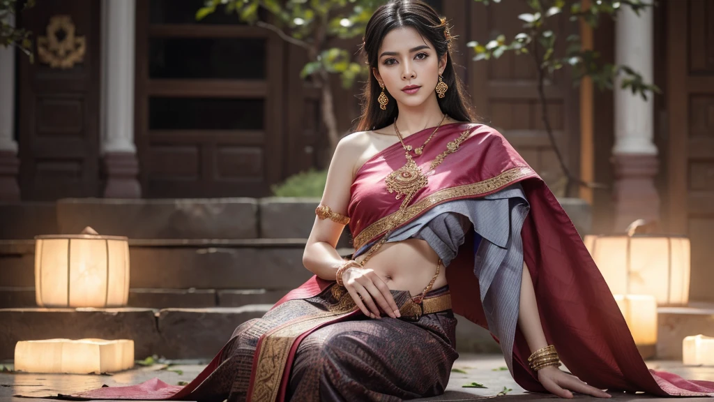 (raw photos:1.2), (realistic:1.4), (Masterpiece:1.3), (best quality:1.4), Ultra high resolution, (Detailed eyes), (Detailed facial features), (Detailed clothing features), HDR, 8k resolution, Focus only, Dressing according to Thai tradition, Traditional shawl , 1 woman , big breasts, A gigantic rift, big breastsดันเสื้อผ้า, big breast, The breasts will fully grow..., Make your breasts bigger.., small waist, Long legs, Facing the audience, full body, depth of field, Cinema-grade lighting system, big breasts, Too big for your body, Revealing a flat stomach, The lower half of the chest can be seen..., Sexy sitting posture, Pictures from eye-catching angles, Correct picture elements, The picture is complete.,