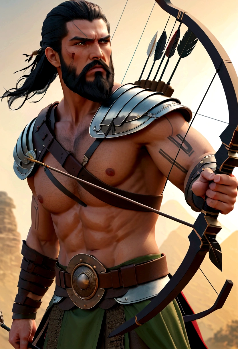masterpiece, high quality, best quality, beautiful, HD, Practical, Perfect lighting, Delicate face, Detailed body, 1 名Bow and Arrow手男子, Solitary, Black Hair, Green Eyes, long black beard, brown and worn leather clothing Gladiator style: 1.4), Leather Breastplate, Bow and Arrow, War Battle Background, Gladiator style, Muscle Man, strong, Angry expression,