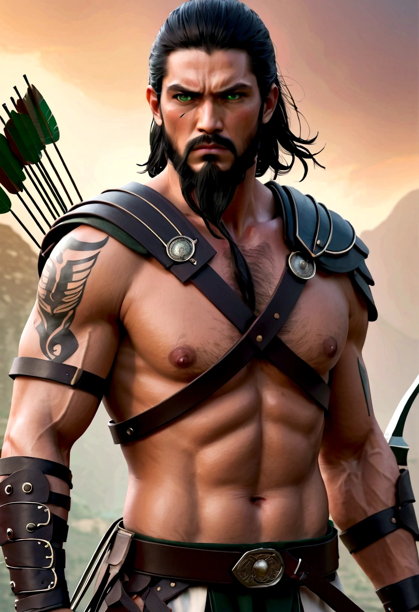 CG illustration, adult male, muscular, dark tan skin, tattoos, warrior, barbarian, long hair braided, piercing eyes, serious,