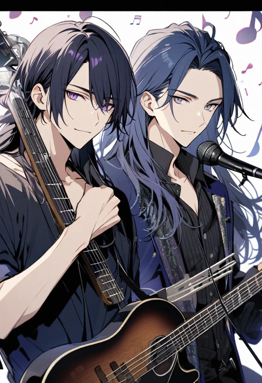 male, handsome, parted bang, long hair, navy hair, musician, purple eyes, music notes, grey eyes