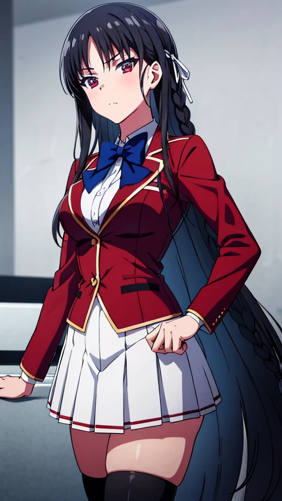 (masterpiece:1.3), (best quality:1.1)(8k, ultra detailed, ultra high res:1.2), ((anime style)), perfect 5 fingers, perfect anatomy,
1girl,
Suzune Horikita,
Suzune Horikita \(youjitsu\),
BREAK long hair, braid, black hair,
red eyes, slant eyes, small eyes,
blue bow, medium breasts,
red blazer, long sleeves, white skirt, pleated skirt, black thigh-high socks,
BREAK looking at viewer, cowboy shot, indoor,