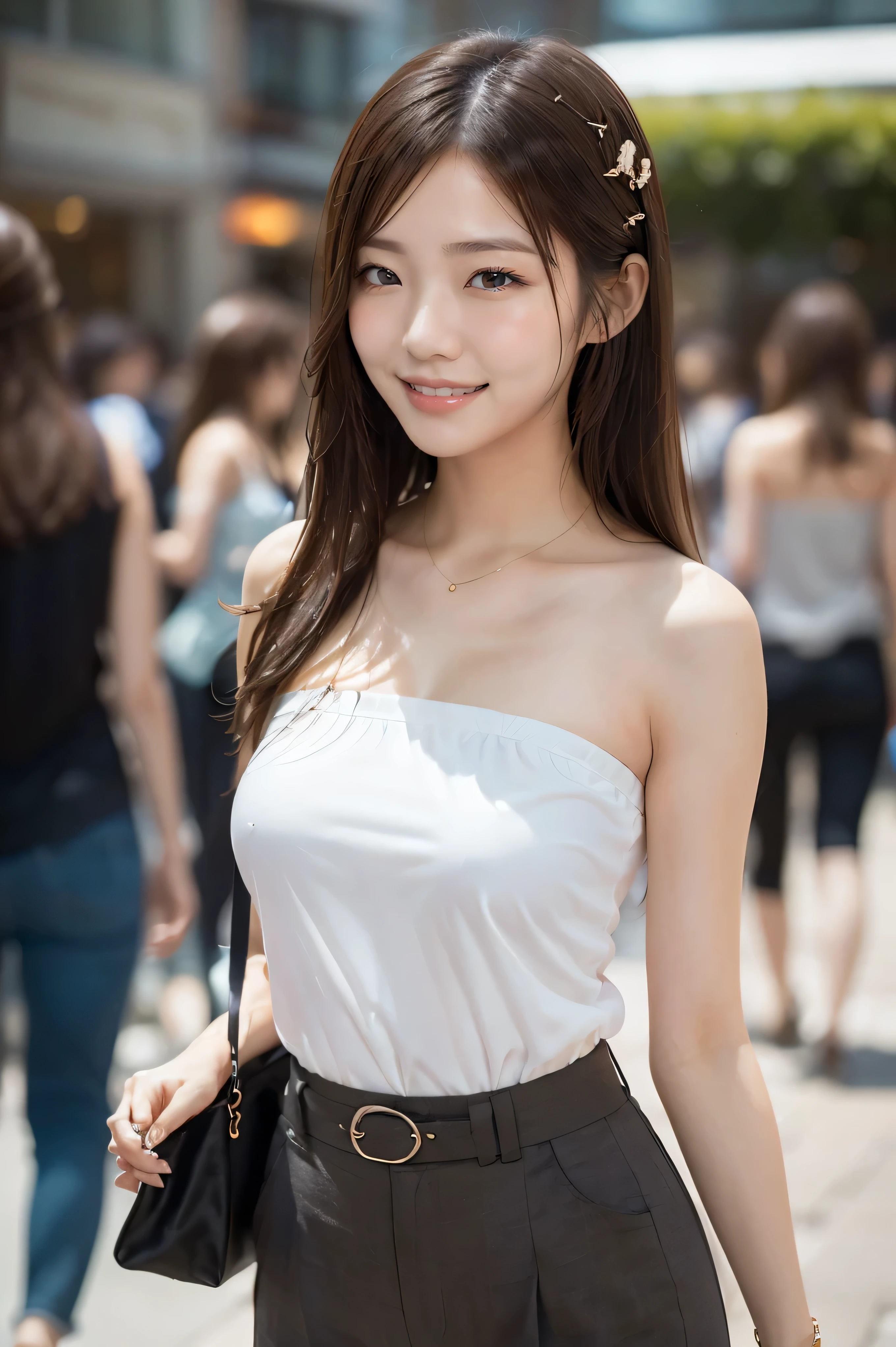 (1girl), (20yo), (she is neat university student), 
BREAK 
(hairstyle : half-up-do), (hair accessory : Large barrette):1.2,
(happy smile:1.2), 
((medium large breasts:1.3)), (Accentuated breasts:1.2, film breasts, nicely shaped breasts:1.1, perfect body), 
BREAK 
(elegant summer fashion(sleeveless tops, bare-shoulders, strapless, bare-top), 
BREAK (skirt | pants), small shoulder-bag)), 
(walking together with Taking my hand in (Various crowded Street) in Japan), 
BREAK 
((Please create a photo that conveys her happily expression and the sense of realism at the happily moment she is walking together:1.3)),
BREAK 
(faded photo:1.3), (film grain:1.3), depth of field, (bokeh:1.1), (light and shadow:1.4),
((Cowboy shot:1.2)), (from side + from next to her), ((Focus on her:1.2)), 