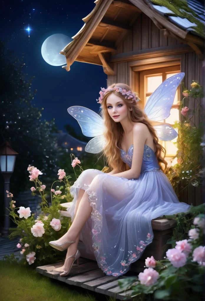 Beautiful fairy gracefully sitting on the roof of a beautiful cottage((high quality)), beautiful night, sparkling flowers,delicate details, refined details