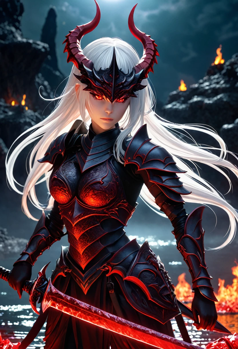 8k resolution, depth of field, photorealistic, lens flare, ((best quality)), (((intricate details))), highly detailed, (((cinematic effect))), looking at viewer,1girl,breasts,long hair, ((white hair with black highlights)), ponytail, glowing red eyes, serious and severe face, demonic armor, helmet in the shape of a blood red dragon head,holding, holding weapon, sword, holding sword, the blade and blood red color, night, (underworld,hells), well of cursed souls, the river styx, one of the 4 rivers of hell in the background