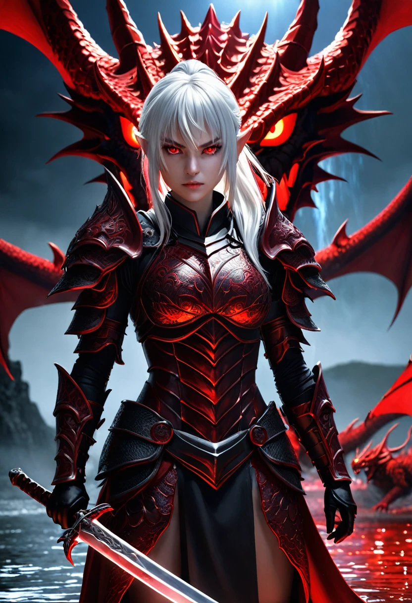 8k resolution, depth of field, photorealistic, lens flare, ((best quality)), (((intricate details))), highly detailed, (((cinematic effect))), looking at viewer,1girl,breasts,long hair, ((white hair with black highlights)), ponytail, glowing red eyes, serious and severe face, demonic armor, helmet in the shape of a blood red dragon head,holding, holding weapon, sword, holding sword, the blade and blood red color, night, (underworld,hells), well of cursed souls, the river styx, one of the 4 rivers of hell in the background