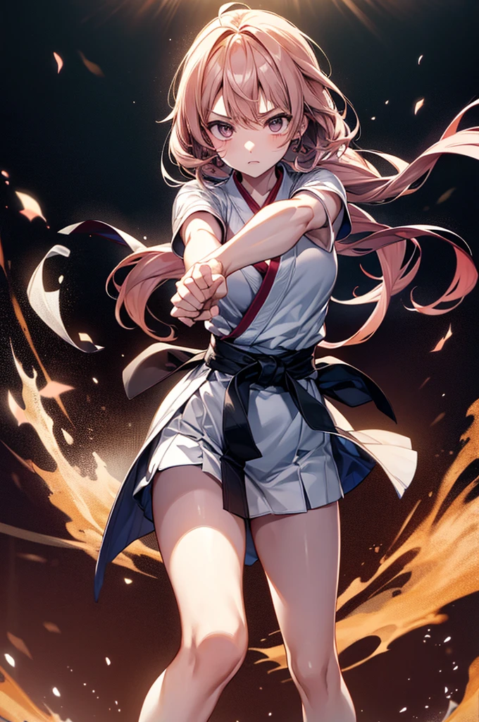 Girl fighting with bare hands、Shoken thrusting in karate、Left hand is placed next to the waist、Standing with your feet wide apart、Angle from the front、Fighting expression、Place your hands in front of your face
