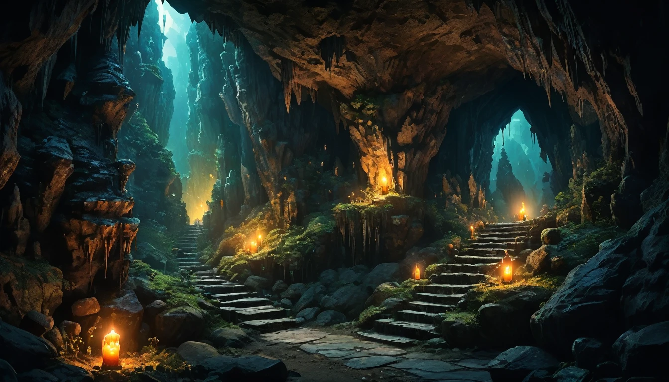 (anime, fantasy), (best quality, high resolution, depth of filed, HDR:1.2), (cave, stalagmite, stalactite, goblin liar, dirty cave, small tunnel, isolated tunnel, dark tunnel: 1.5,), no candle, no torch, no fire, vibrant colors, spooky, enchanted, goblin totem, black magic atmosphere, extremely detailed, intricate, delicate, dark fantasy, bokeh, cinematic lighting, 8k, high quality