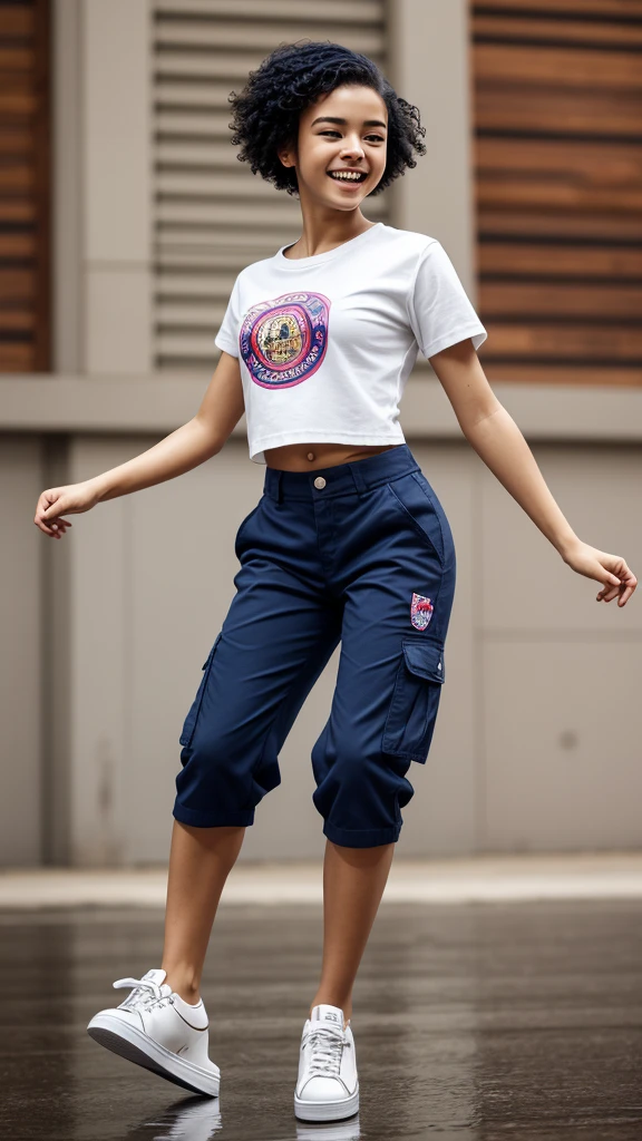 popart style,flat color,Dance,Artistic jump,break dance,Strenuous movements,vibrancy,dance stage is wet,solo,Fluttering hair,Cute Baby,a small face,hason,,Bright smile,half-open mouth,(navy hair,wavy short hair),(Cropped cargo pants,white Tee,platform sneakers),(delicate detailed fingers,Detailed body,detailed arms,human hand),(beautiful Detailed face),dynamic pose,