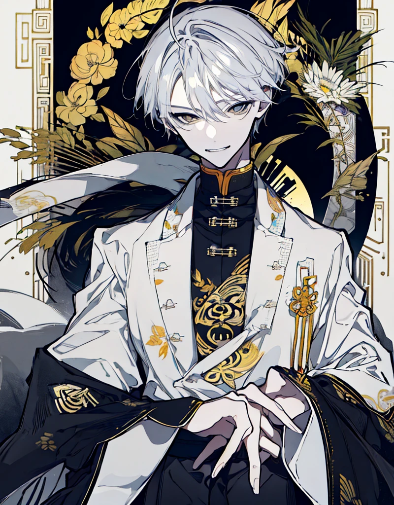 High resolution male Character portrait whole body White background Close ~ eyes Suspicious Laughter Lift the corners of your mouth tall Silver Hair Yellow Eyes Chinese style black clothes sunglasses smile Putting a cigarette in your mouth Double teeth Grinning face