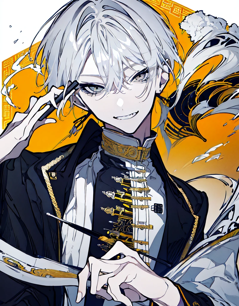 High resolution male Character portrait whole body White background Close ~ eyes Suspicious Laughter Lift the corners of your mouth tall Silver Hair Yellow Eyes Chinese style black clothes sunglasses smile Putting a cigarette in your mouth Double teeth Grinning face