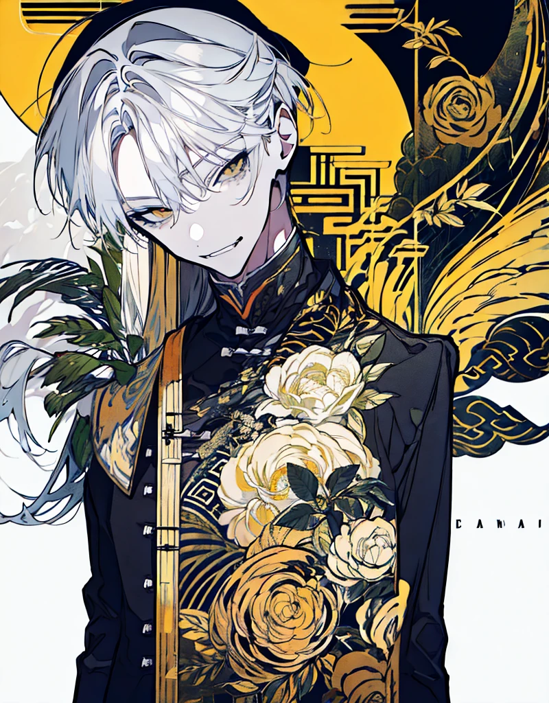 High resolution　male　Character portrait　whole body　White background　Close ~ eyes　Suspicious Laughter　Lift the corners of your mouth　tall　Silver Hair　Yellow Eyes　Chinese style black clothes　sunglasses　smile　Putting a cigarette in your mouth　Double teeth　Grinning face
