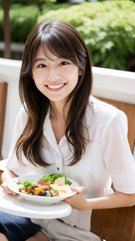 25 years old, Japanese woman, beautiful, smiling, eating lunch, white shirt, ((medium hair)), cool appearance