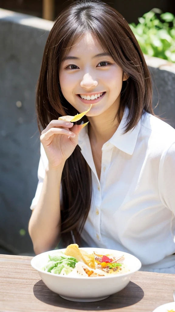 25 years old, Japanese woman, beautiful, smiling, eating lunch, white shirt, ((medium hair)), cool appearance