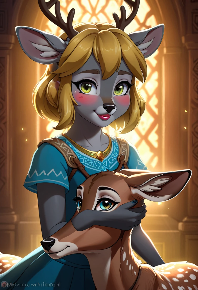 Create an illustrated, hand-drawn, full-color image of an anthropomorphic deer girl. The artwork should be rendered in the style of "Breath of the Wild," featuring warm lighting and shadows. Include graphite shading, stencil marks, and airbrushed acrylic paint effects. The image should be of the highest quality, a masterpiece with intricate details. The deer girl should have a female, humanoid, furry appearance with grey skin. She should have luscious lips, a wide smile, and bright, expressive eyes, exuding beauty, cuteness, and adorableness. Ensure the image is high resolution and sharply detailed, with a detailed and vibrant background. Incorporate mystical lighting in the background, creating a romantic and enchanting atmosphere.
