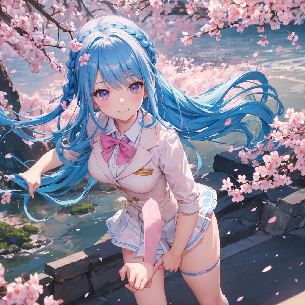 Sky blue hair, (Braided Ponytail),(Pink Eyes),Fair skin ,whole body,(1 Girl),Smile,spring, cherry blossoms, Knee-high socks for school, blazer, Straight bangs,(masterpiece, Highest quality, Super detailed, Best Shadow), (Detailed Background), (Beautifully detailed face), High Contrast, (Best lighting, Very delicate and beautiful), ((Cinematic Light)), colorful, Hyper Detail, Dramatic Light, Intricate details,sunshine,Leaning forward,