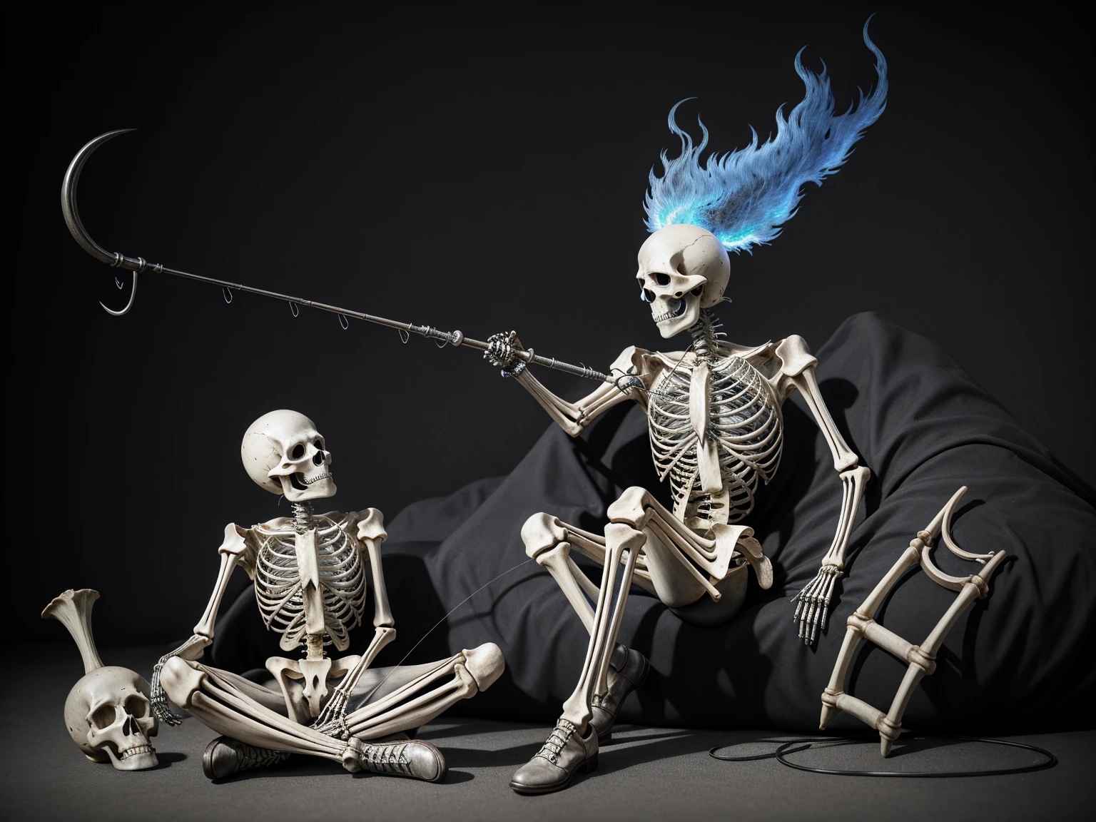 A skeleton with a bone necromancer armor, blue fire inside the skeleton, a fishing hook in the skeleton's hand, sitting playing on a pc with a T1 logo.