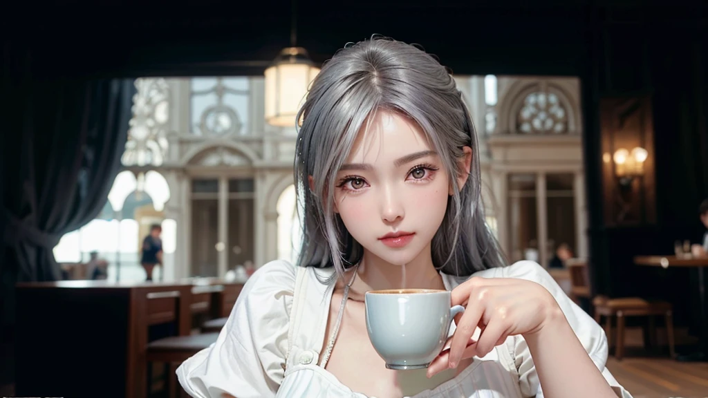 girl, beautiful face, side view, high detailed real eye, beautiful pupil, double eyelid, silver color hair, high detailed real skin, high quality skin, beautiful skin, masterpiece, have a cup of coffee.
she is having coffee at a cafe.Stylish beach cafe
