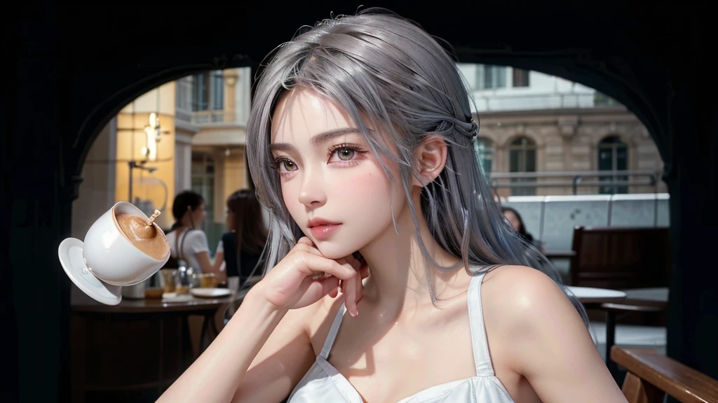girl, beautiful face, side view, high detailed real eye, beautiful pupil, double eyelid, silver color hair, high detailed real skin, high quality skin, beautiful skin, masterpiece, have a cup of coffee.
she is having coffee at a cafe.Stylish beach cafe