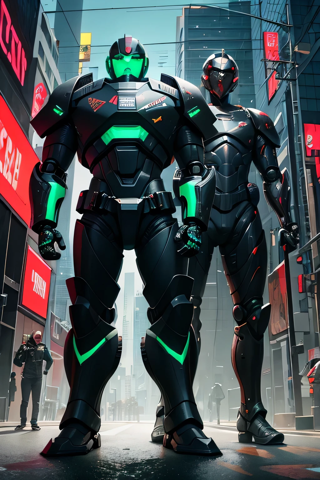 ,Armor,robot,cyberpunk,แบบrobot,black,green,The head is the same.,Anime,Looks cool.,aggressive,furious,scary,ชาย1cyberpunk,Standing in a pretentious, dynamic style,พื้นหลังเมืองcyberpunk