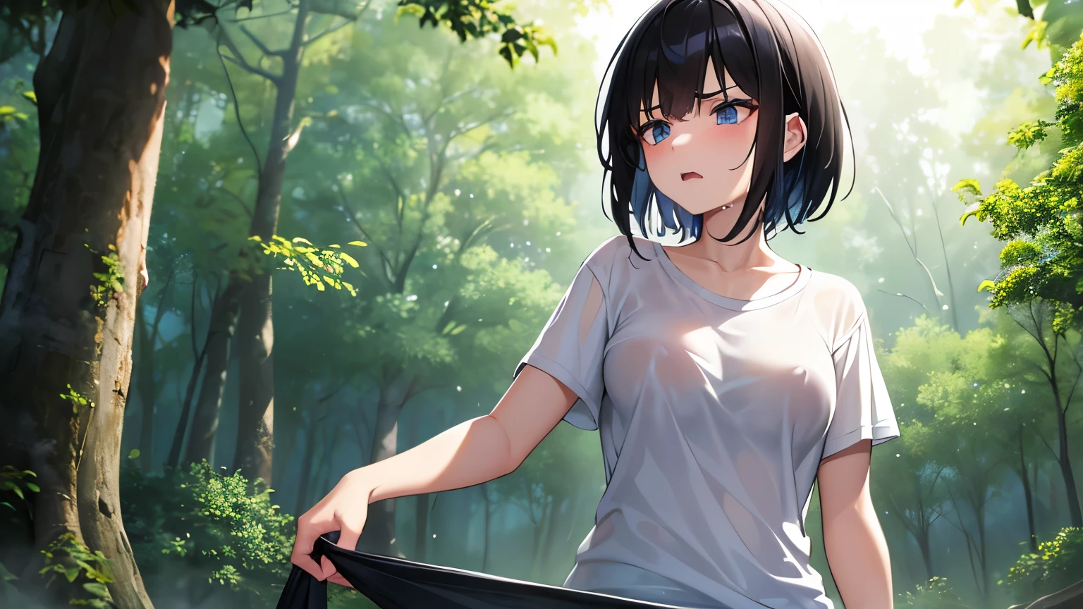 A 19-year-old woman with short shoulder-length black hair and blue eyes, wet white t-shirt, translucent breasts, very angry. in the forest and at night.