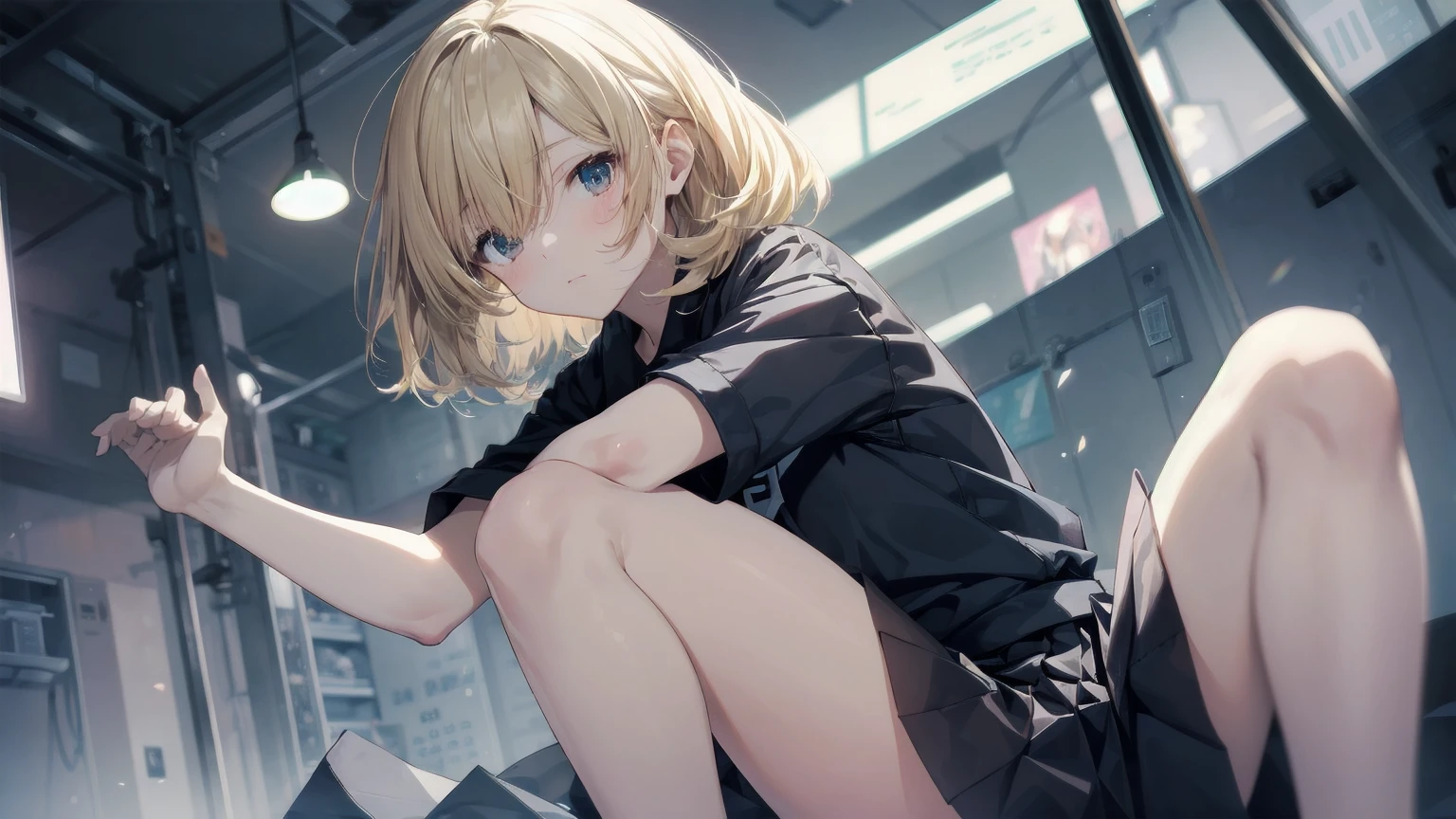 Highest quality, Anime Moe Art Style,Best Anime 8K Konachan Wallpaper,pixiv contest winners,Very detailed,High resolution,Ultra-Dense Skin, Professional Lighting,8K eye detail, (Cute illustrations:1.2),blonde,blonde hair,Expressionless,(Hair on one eye:1.5),Colorful and colorful short hair,Wearing a yellow apricot colored JK uniform and a white pleated skirt,knee-length white silk,Dignified and cute,A little sweet,Five Fingers,Firm fingers,A strong hand