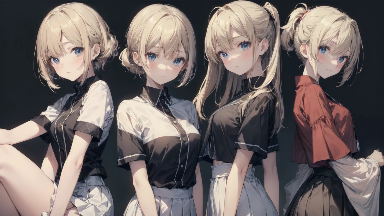 Highest quality, Anime Moe Art Style,Best Anime 8K Konachan Wallpaper,pixiv contest winners,Very detailed,High resolution,Ultra-Dense Skin, Professional Lighting,8K eye detail, (Cute illustrations:1.2),blonde,blonde hair,Expressionless,(Hair on one eye:1.5),Colorful and colorful short hair,Wearing a yellow apricot colored JK uniform and a white pleated skirt,knee-length white silk,Dignified and cute,A little sweet,Five Fingers,Firm fingers,A strong hand