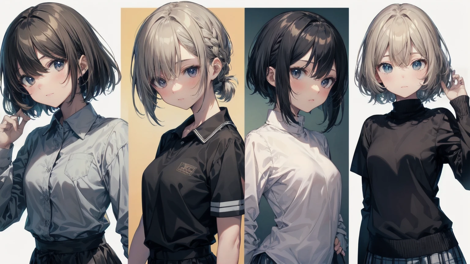 Highest quality, Anime Moe Art Style,Best Anime 8K Konachan Wallpaper,pixiv contest winners,Very detailed,High resolution,Ultra-Dense Skin, Professional Lighting,8K eye detail, (Cute illustrations:1.2),blonde，blonde hair，Expressionless，(Hair on one eye:1.5),Colorful and colorful short hair，Wearing a yellow apricot colored JK uniform and a white pleated skirt，knee-length white silk，Dignified and cute，A little sweet,Five Fingers,Firm fingers,A strong hand