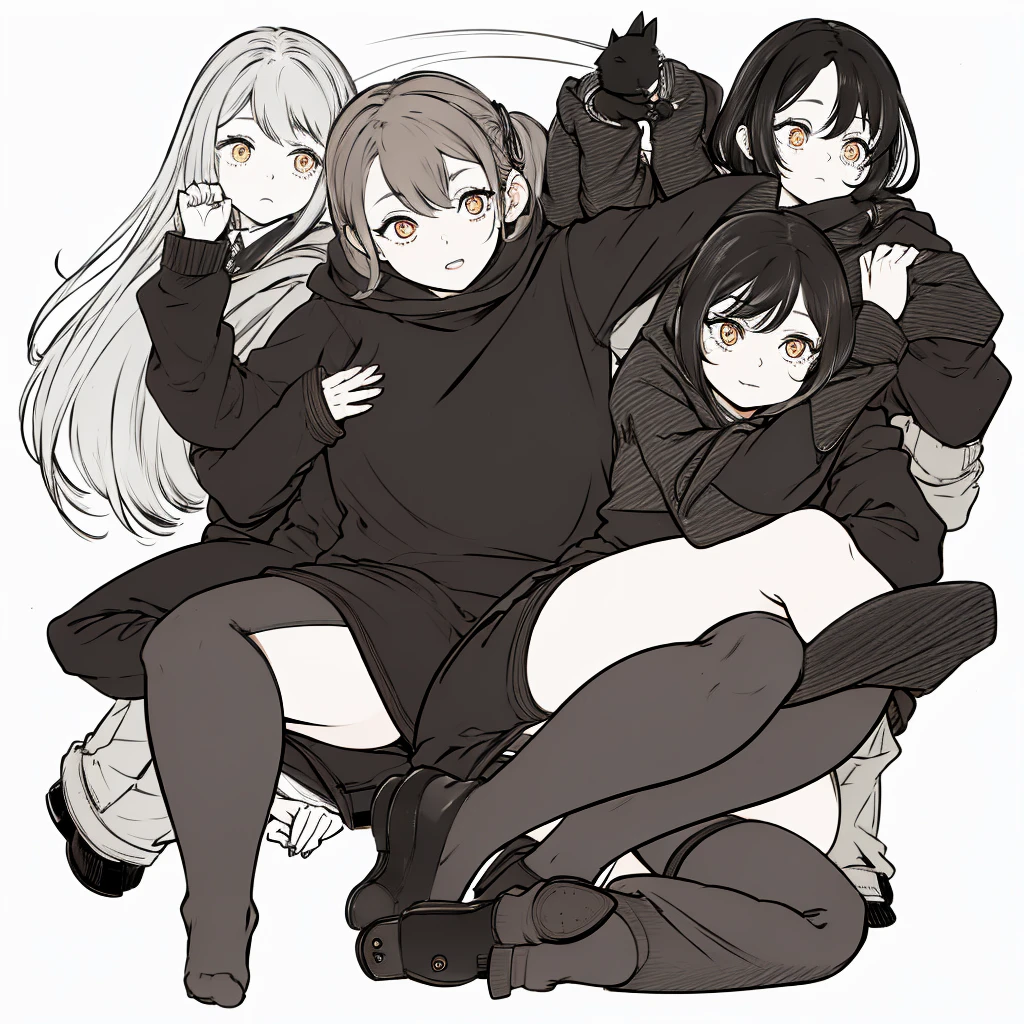 Wearing brown sweatshirt，Black knee socks，Black-haired cat lady