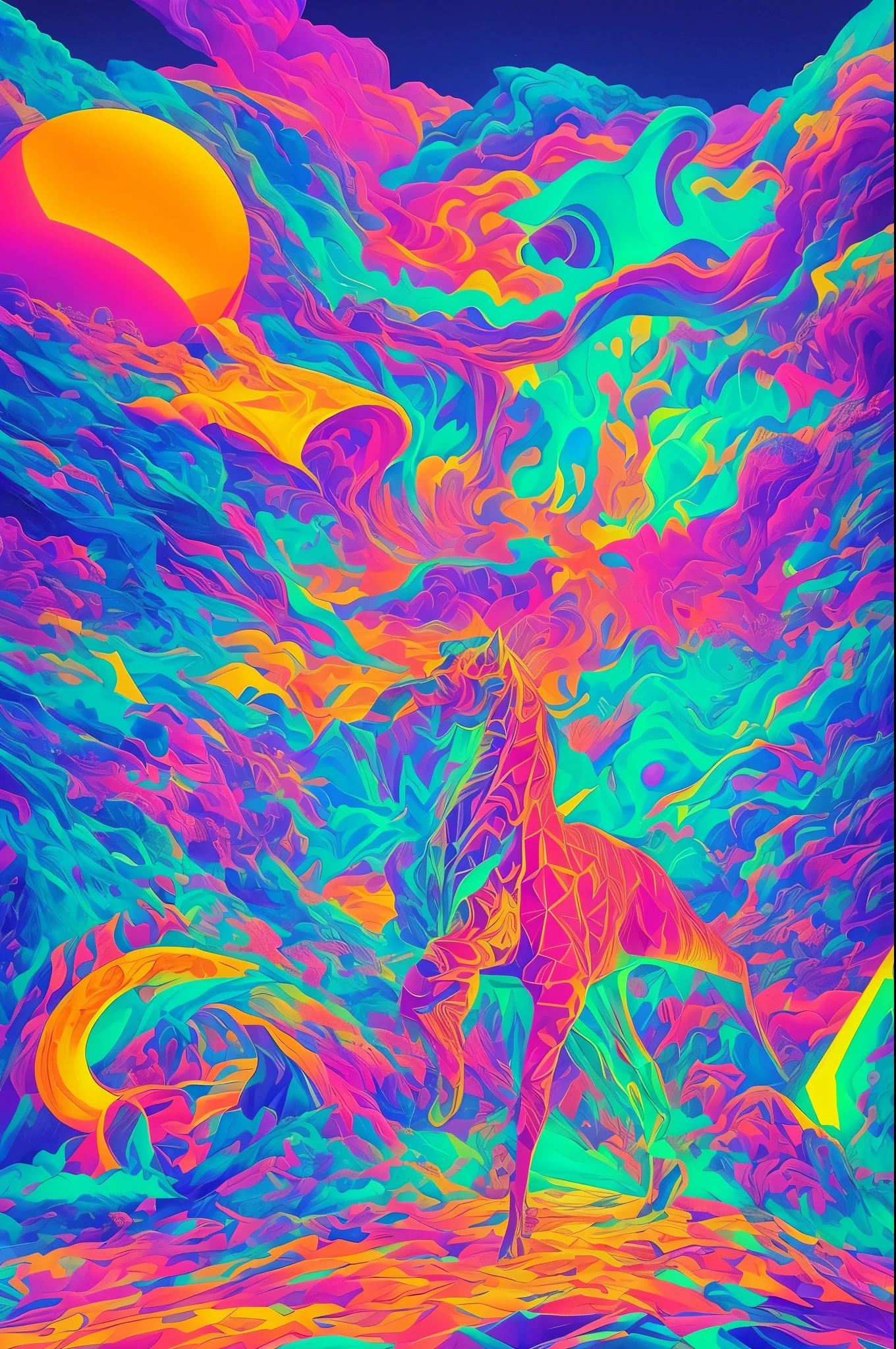 Surreal hallucinations of mystical animals, dreamlike landscapes, and floating geometric shapes, all glowing with neon lights, 70s psychedelic, synthwave aesthetic