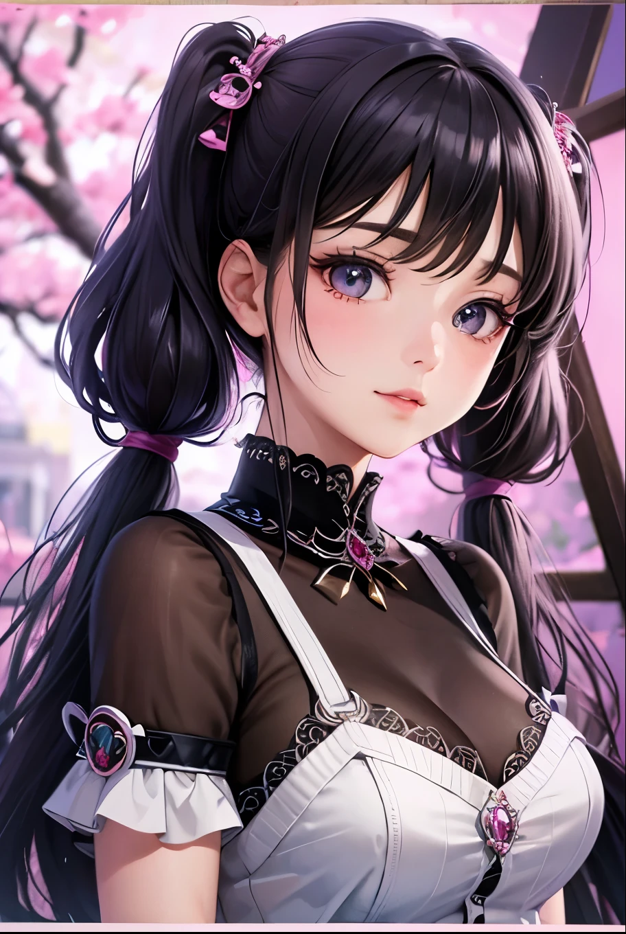 masterpiece, best quality, highly detailed, high resolution, expensive resolution, high resolution, 4k, 8k, uniform 8k wallpaper, highly detailed CG, masterpiece, 2d, 3d, beautiful details, depth, fine texture, best quality: 1.3, perfectly focused, sharp. skin, him, very cute anime girl, her name is Mei, short pigtails, idol, in the rain, expensive pink short pigtails, mole under eye, looking at the viewer, expensive, blush, mole, open lips, pink eyes, heart shaped choker, smiling face