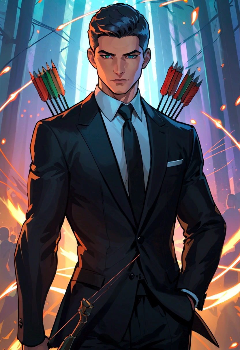 1 Archer Man, short hair, Black suit, doubt, Tangle, War Battle Background, masterpiece, Best quality